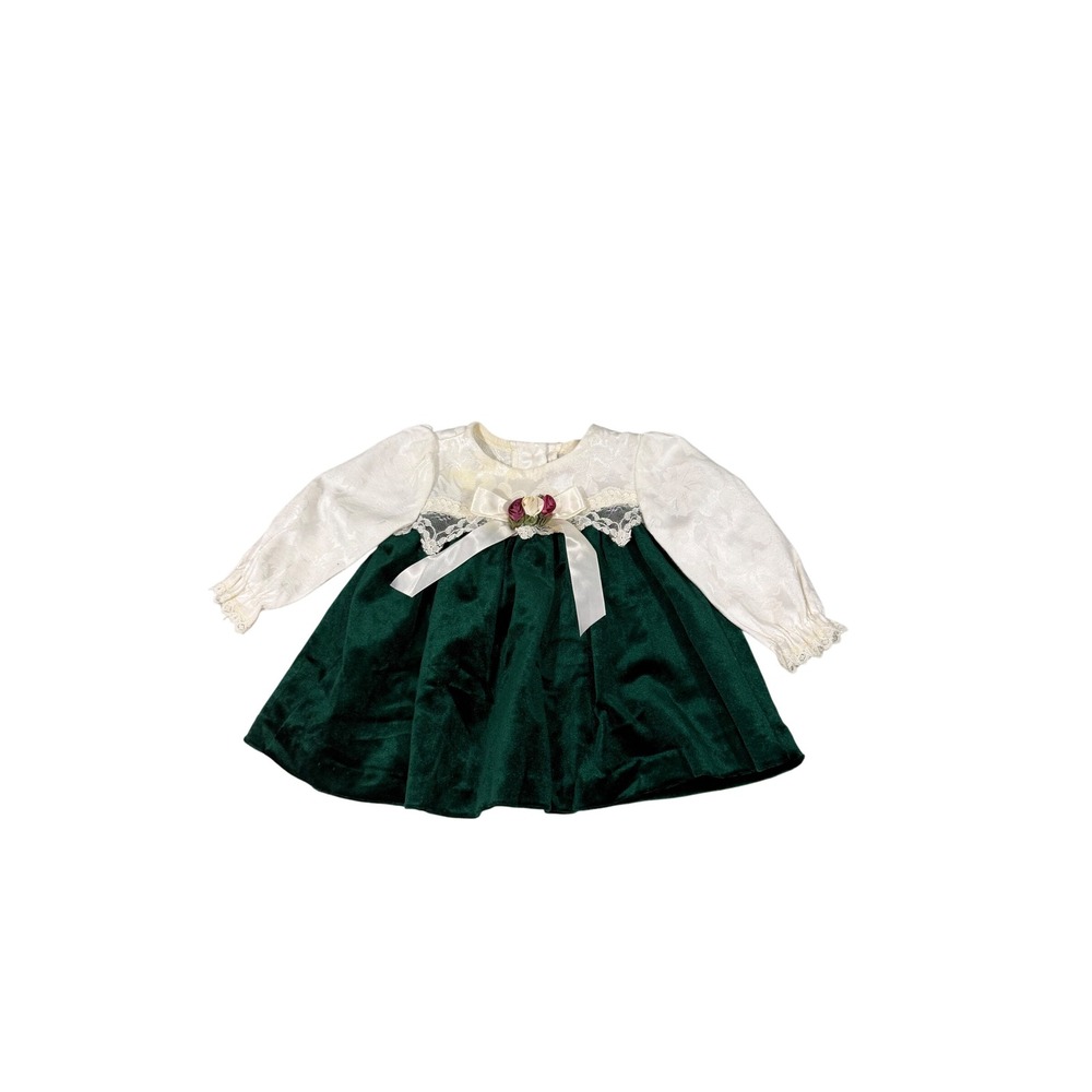 Rose Cottage Vintage Baby Dress Green Velvet White Jacquard Holiday Christmas
